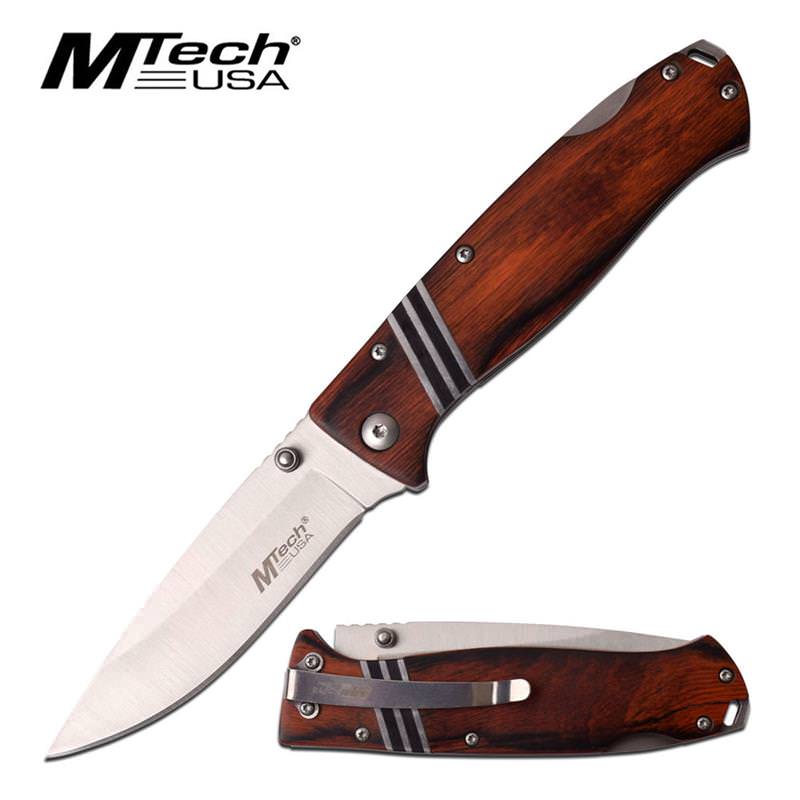 Mtech 3.5" Silver Blade Brown Black Wood EDC Lockback Pocket Knife