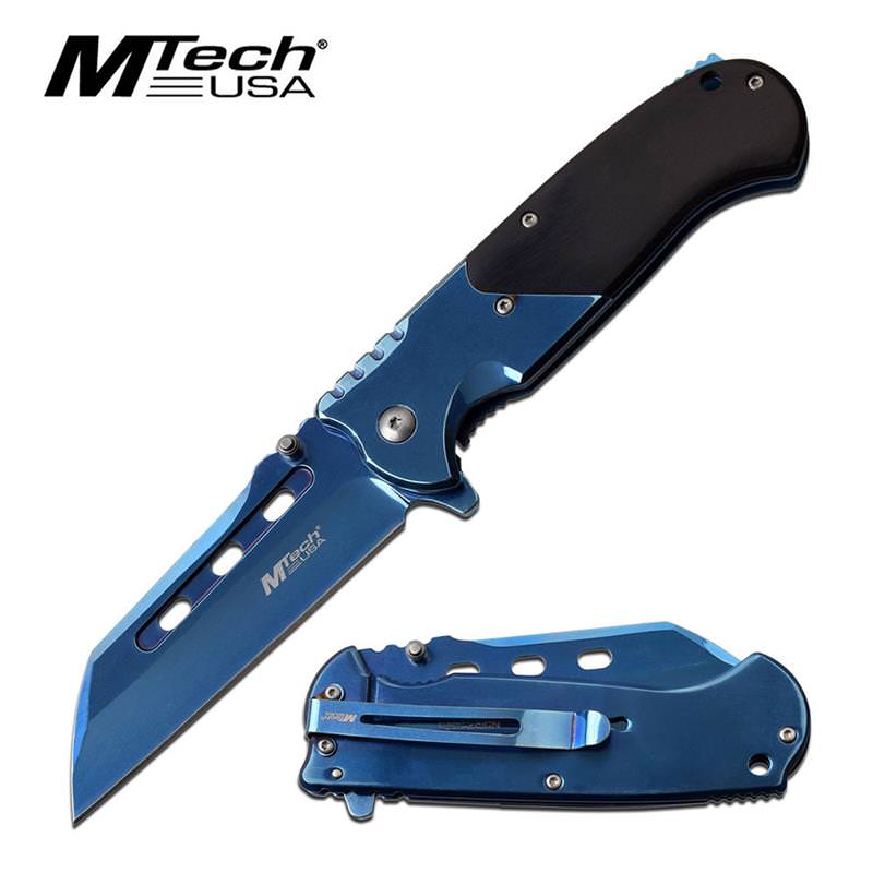 Blue Titanium Sheepsfoot Cleaver Blade Spring Assisted Knife