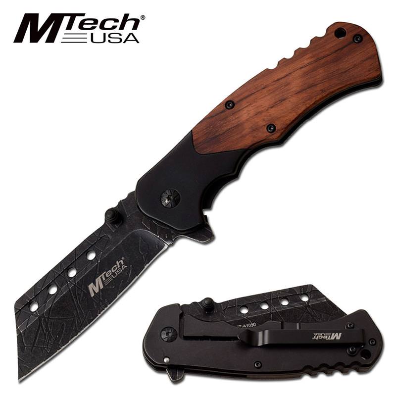 Black Cleaver Blade Spring Assisted Folding Pocket Knife Pakkawood Handle