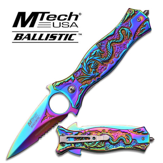 Mtech Rainbow Dragon Serrated Spring Assisted Dagger Folding Knife