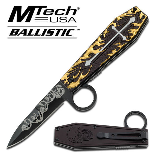 Fantasy Gothic Skull Flame Cross Spring Assisted Opening Knife - Gold
