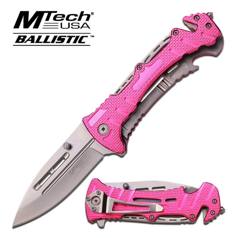 Pink Rescue Tactical Serrated Spring-Assisted Folding Knife With Cutter