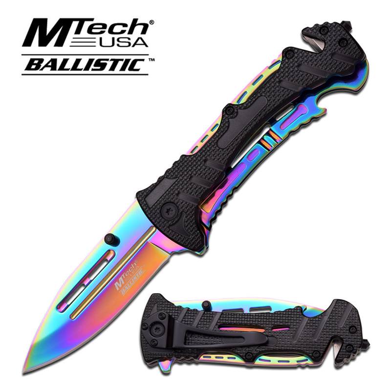 Mtech USA Ballistic Tactical Action Spring Assisted Knife - Rainbow Finish Blade