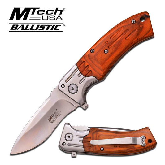 Mtech Brown Wood Silver Plain Blade Spring Assisted Knife EDC