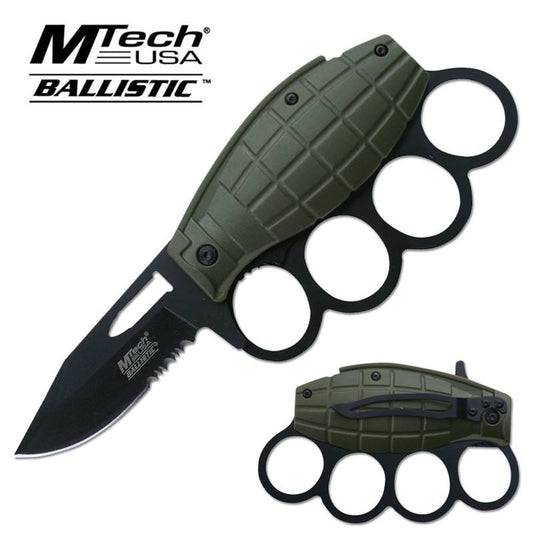 Black Serrated Blade Green Grenade Knuckle Handle Sping Assist Knife