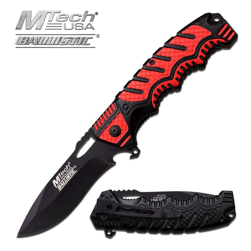Mtech Red and Black Handle Spring Assist Knife With Bottle Opener