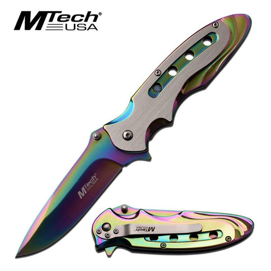 3.75" Blade Rainbow Silver Brushed Metal Spring Assisted Knife