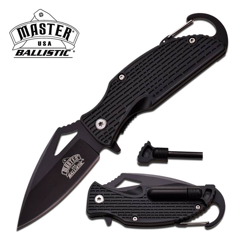 Ballistic Black Handle Rescue Spring Assist Knife with Carabiner & Fire Starter
