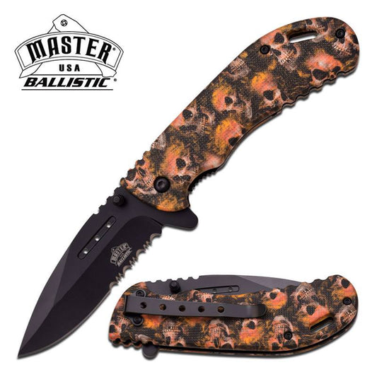Master USA Ballistic Fantasy Spring Assisted Knife Orange Skulls Handle