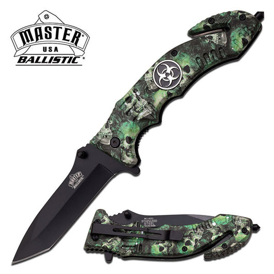 Ballistic 5 Inch Closed Rescue Spring Assisted Knife Green Skull