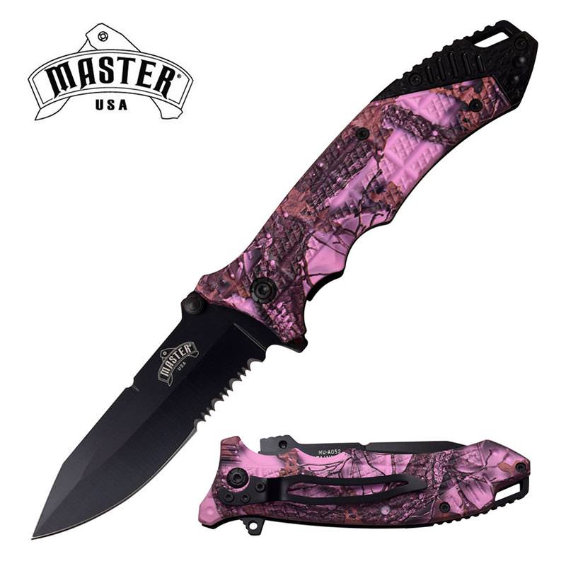 3.5" Black Serrated Blade Lady Pink Camo Hunter EDC Spring Assist Knife