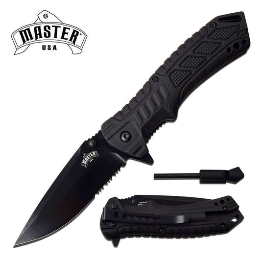 Survival Folding Knife 3.5" Serrated Blade Black Fire Starter Spring Assisted