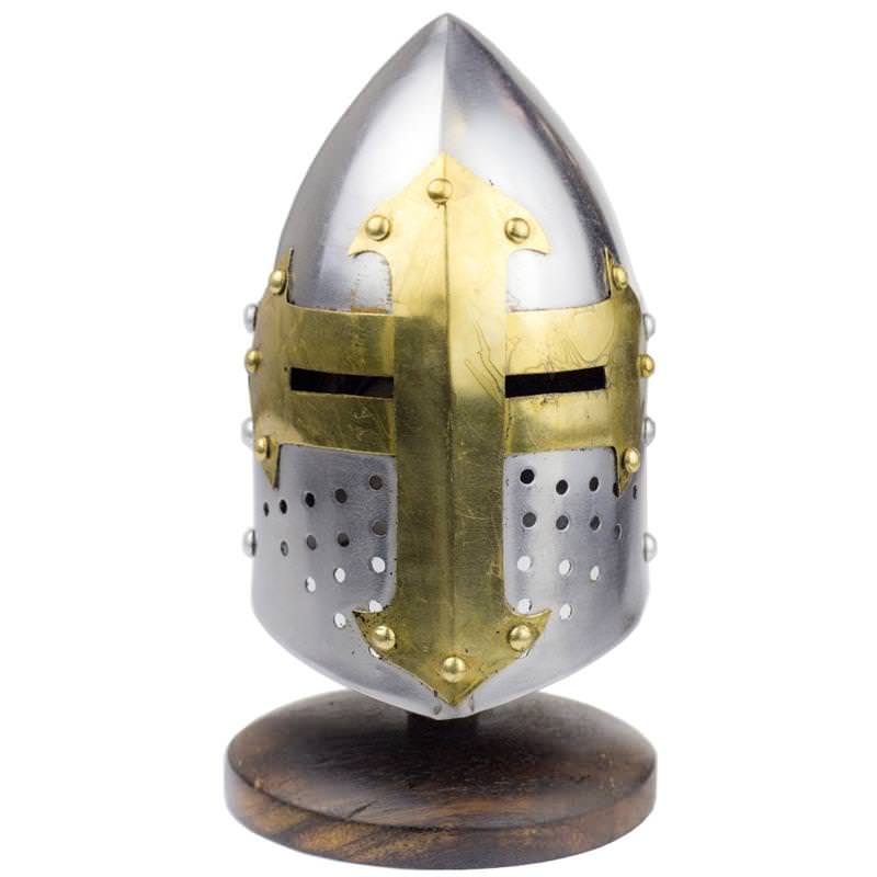Miniature Brass Crusader Great Helmet Display Collectible With Stand