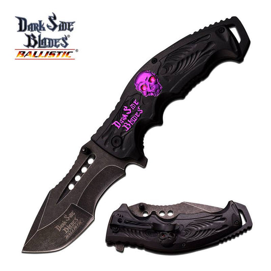 Dark Side Blades Ballistic Skull Medallion Spring Assisted Open Knife Purple