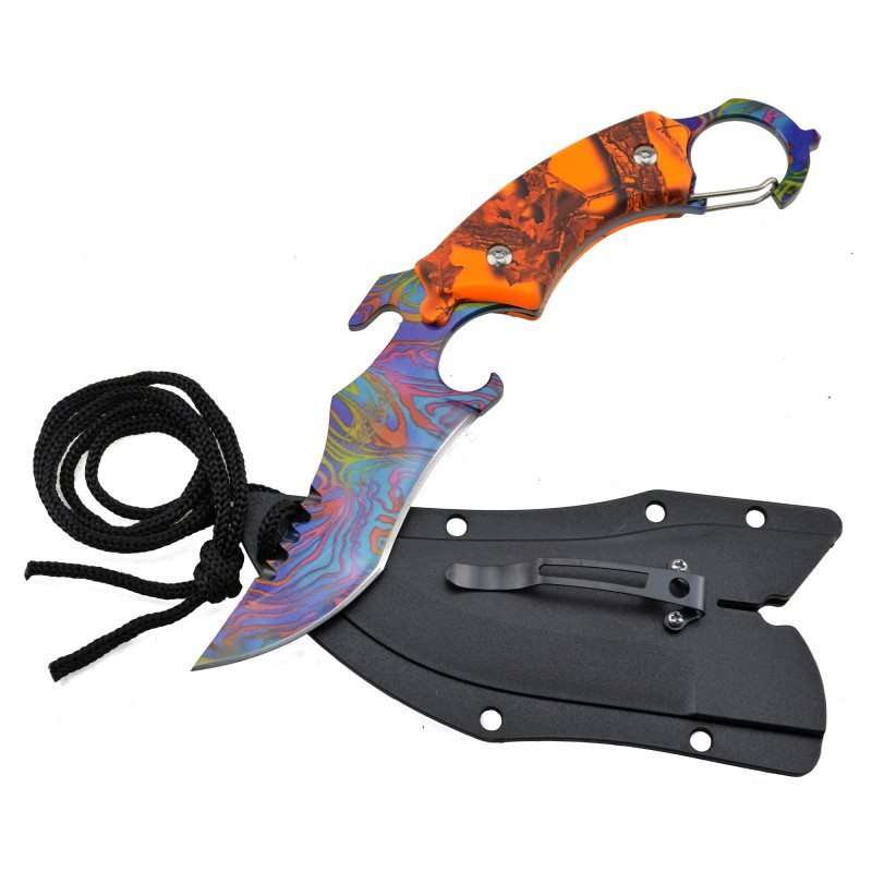 Tactical Orange Camo Karambit Neck Knife Survival Hunting Fixed Blade