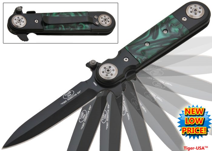 Green Marble Spear Tip Blade Stiletto Style Spring Assist Knife