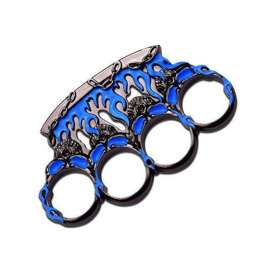 Blue and Gunmetal Flame Skull Knuckle Paperweight