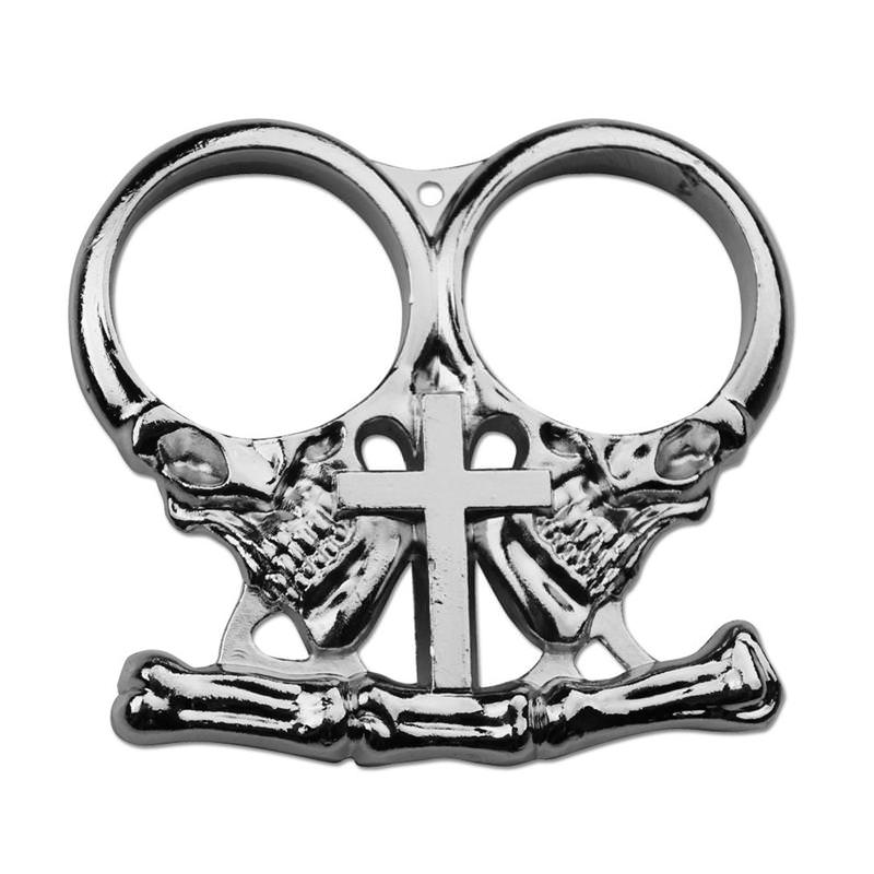 Silver Two Finger Gothic Cross Skull Paperweight Biker Knuckle Duster
