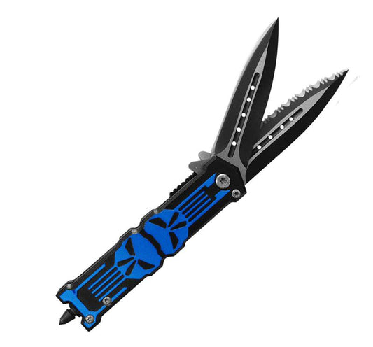 Twin Bladed Punisher Spring Assisted Knife With Glass Breaker Blue