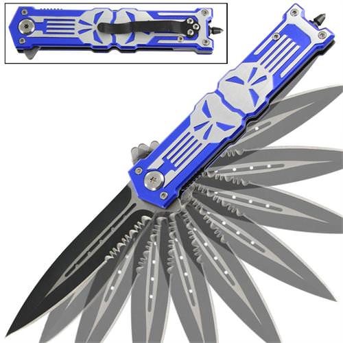 Punisher Blue Stiletto Style Spring Assist Knife - Glass Breaker