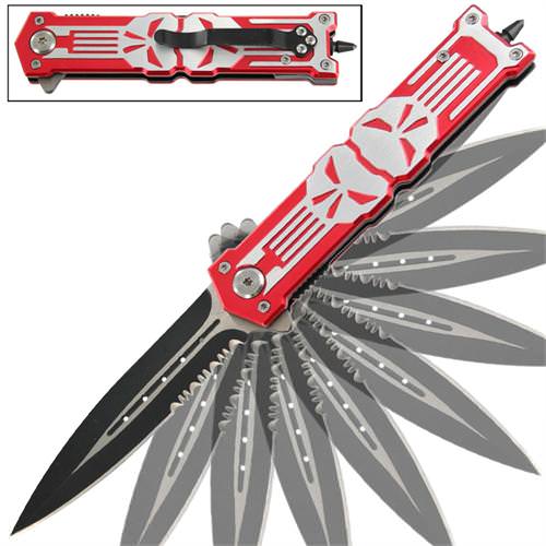 Punisher Red Stiletto Style Spring Assist Knife - Glass Breaker