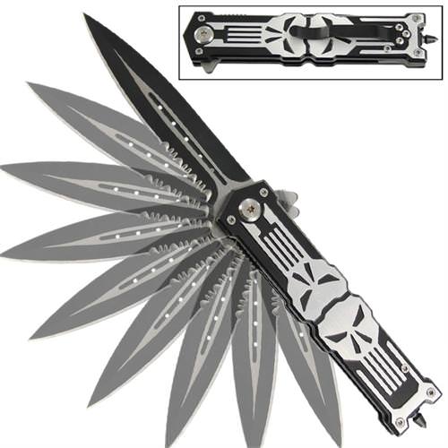 Punisher Black Stiletto Style Spring Assist Knife Serrated Blade