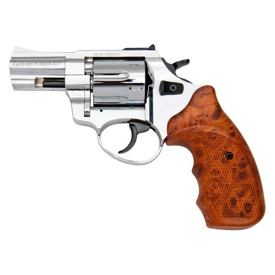Stalker R1 2.5" Barrel Revolver Chrome Finish Simulated Wood Grips - 9mm Blank Gun