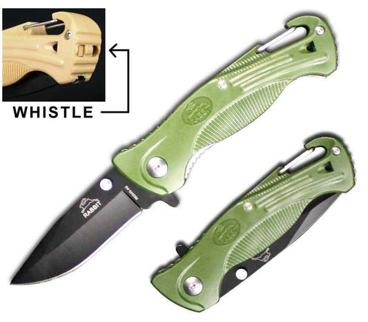 Green Rescue Spring Assist Folding Knife With Whistle and Belt Hook