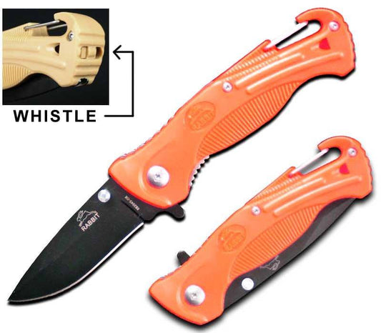 Orange Rescue Spring Assist Folding Knife With Whistle and Belt Hook