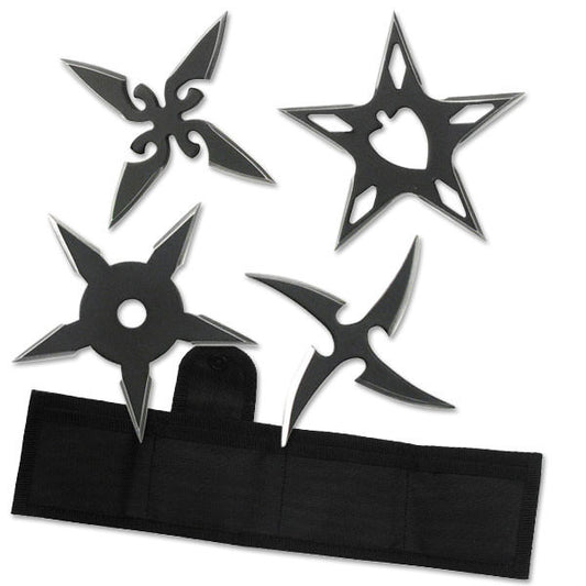 4 Pc Black Stainless Steel Assorted Design Throwing Star Set - 2.5" Diameter