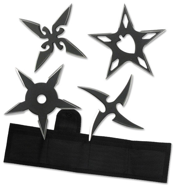 4 Pc Black Stainless Steel Assorted Design Throwing Star Set - 2.5" Diameter