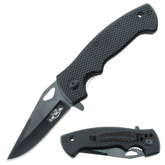 Black Tactical Spring Assisted Knife With Textured Grip Handle