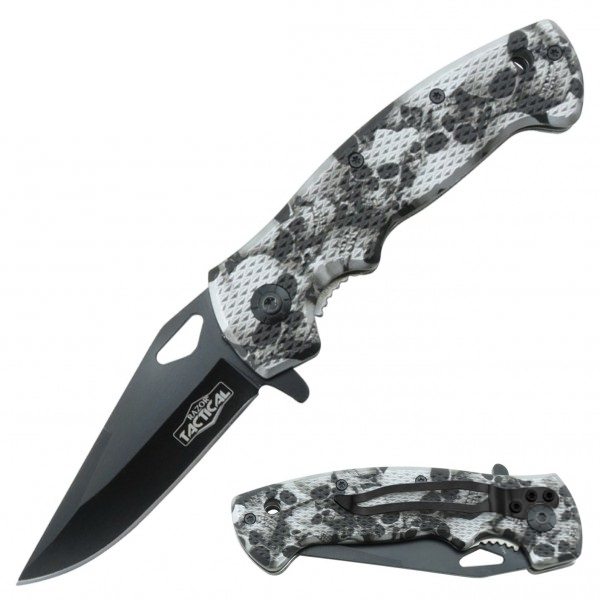 Grey Skull Tactical Spring Assisted Knife With Textured Grip Handle