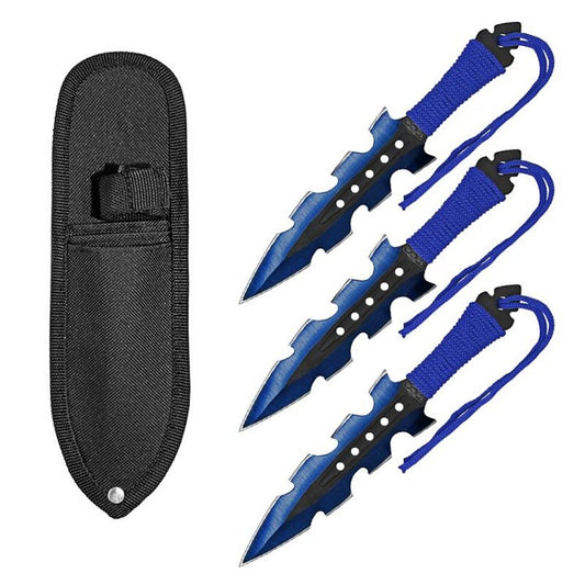 7.5 Inch Jagged Dagger Point 3 PC Throwing Knives Set Blue