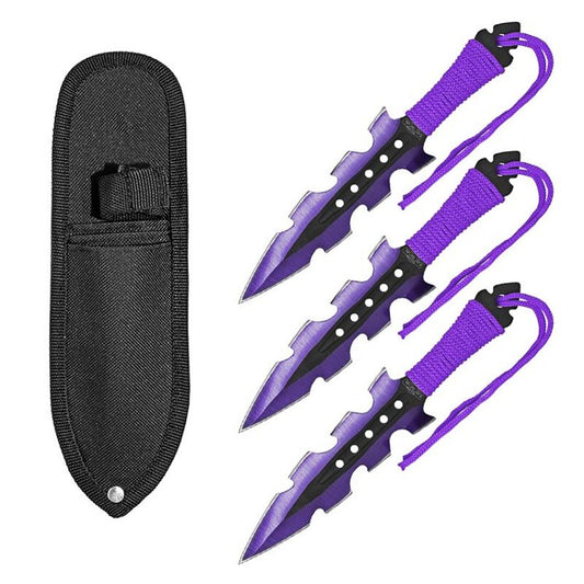 7.5 Inch Jagged Dagger Point 3 PC Throwing Knives Set Purple