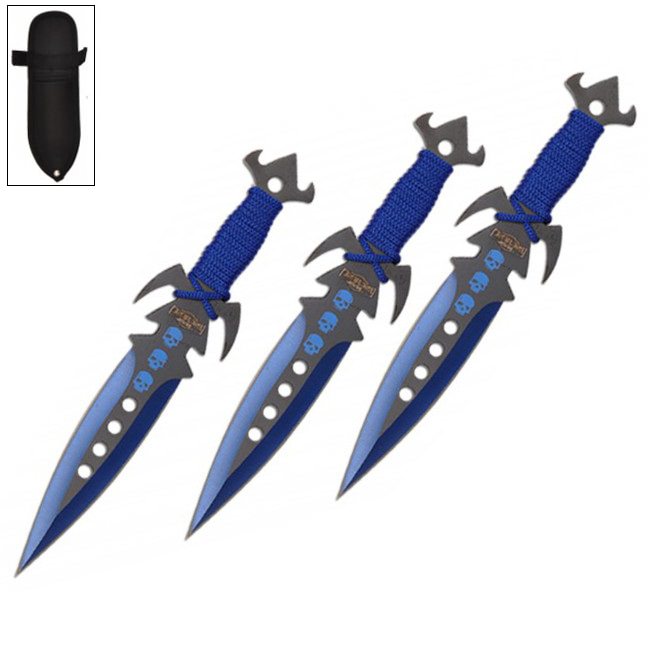 7.5 Inch Deadly Triad of Skulls Dagger Point 3 PC Throwing Knives Set Blue