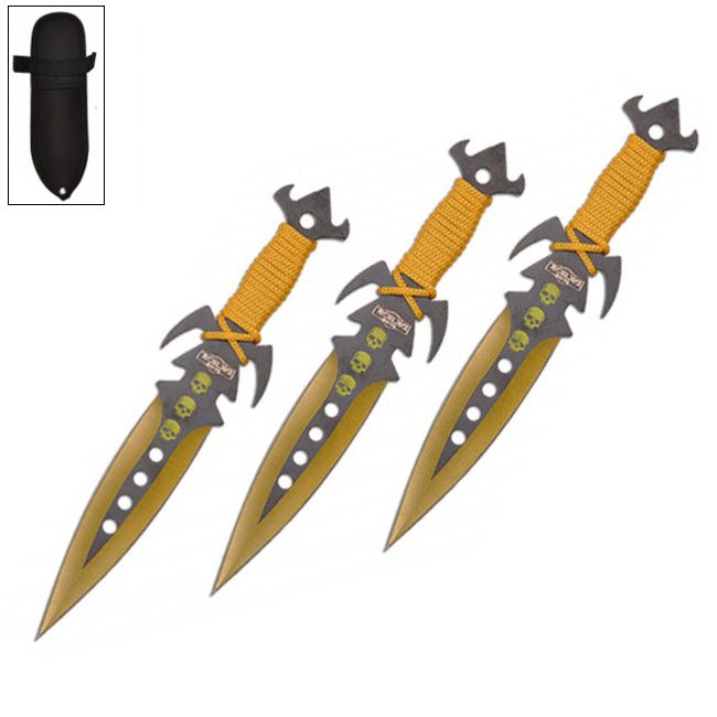 7.5 Inch Deadly Triad of Skulls Dagger Point 3 PC Throwing Knives Set Yellow