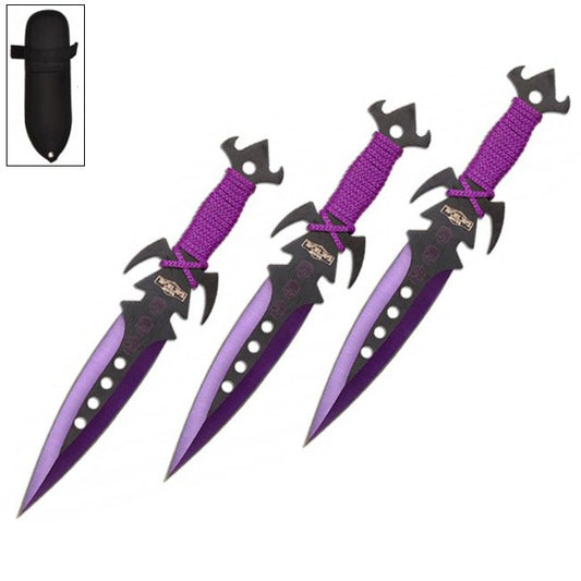 7.5 Inch Deadly Triad of Skulls Dagger Point 3 PC Throwing Knives Set Purple