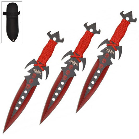 7.5 Inch Deadly Triad of Skulls Dagger Point 3 PC Throwing Knives Set Red