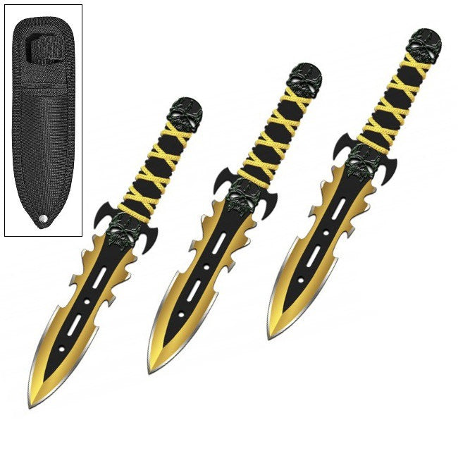 3PC 7.5" Gold Demon Ninja Tactical Combat Throwing Knife Set With Sheath