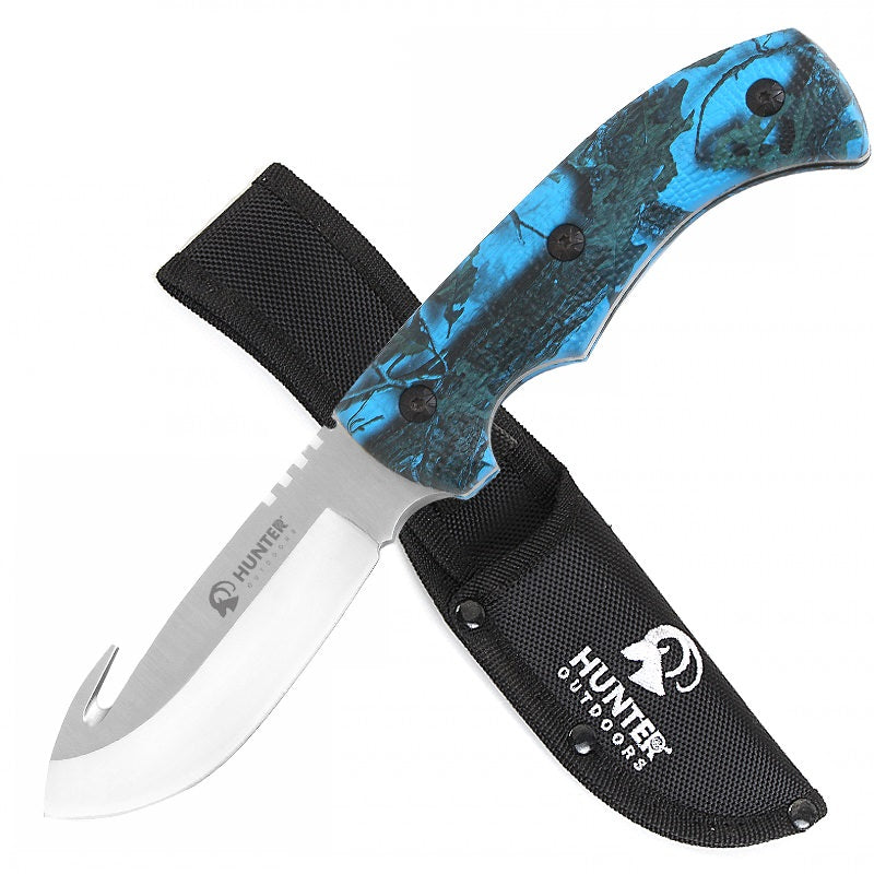 9" Hunting Survival Skinning Gut Hook Fixed Blade Knife Blue Camo