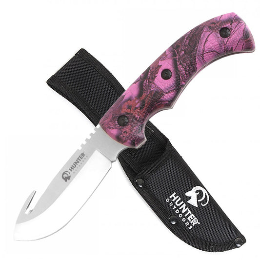9" Hunting Survival Skinning Gut Hook Fixed Blade Knife Pink Camo
