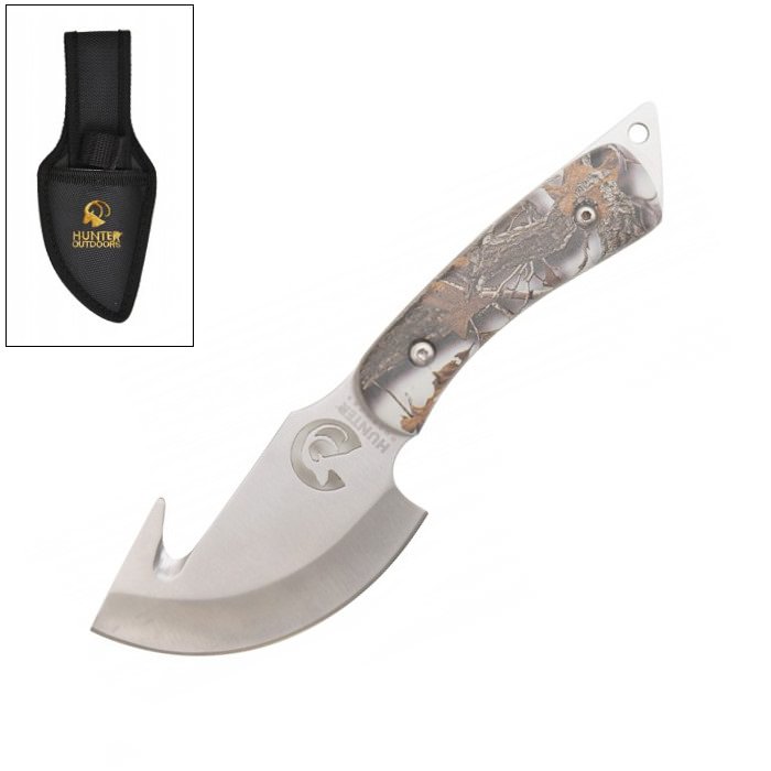 7.25" Snow Camo Hunting Stainless Steel Gut Hook Skinning Knife with Sheath