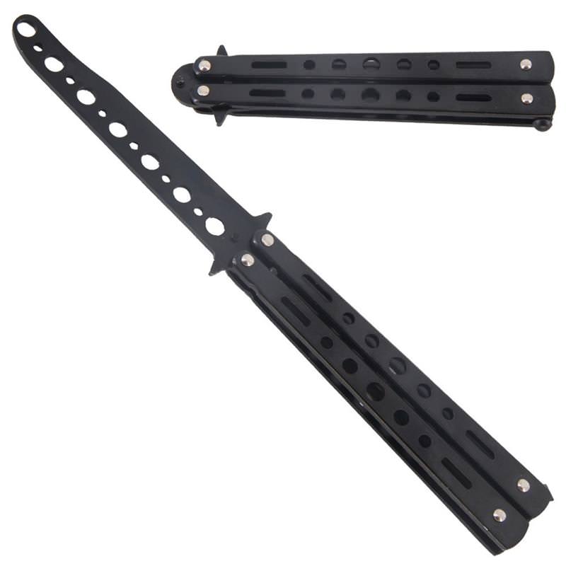8.7" Black Metal Practice Butterfly Balisong Trainer Training Knife Dull Tool