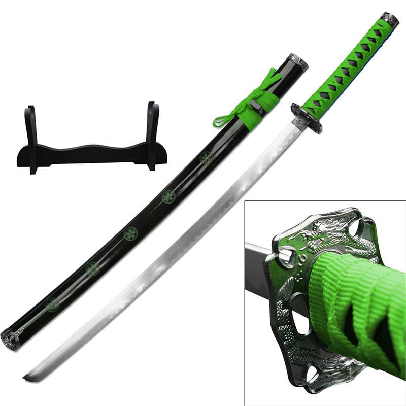 Dragon Sakura Samurai Sword With Stand Carbon Steel Blade Green
