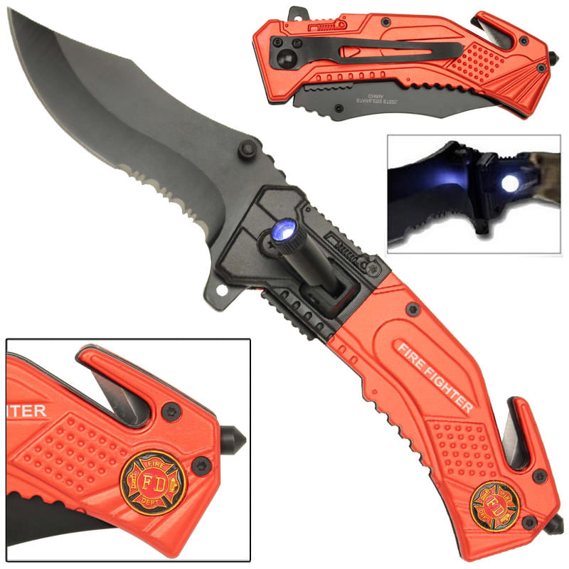 Spring Assist LED Tactical Fire Fighter Rescue Assisted Knife