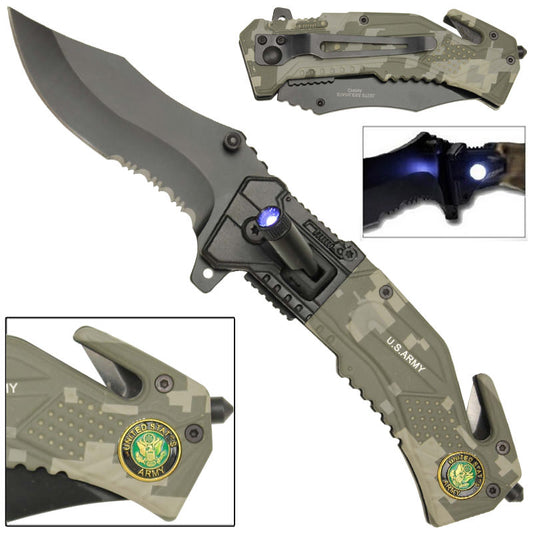 Spring Assist LED Tactical Rescue Assisted Pocket Knife US Army Camo