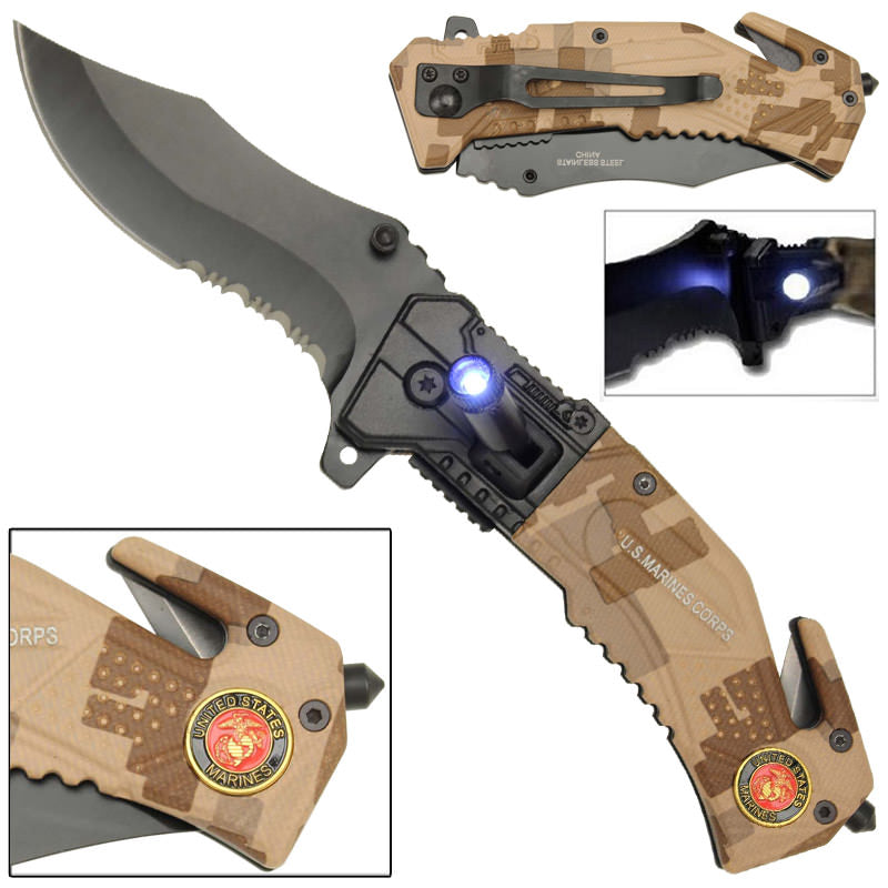 Spring Assist LED Tactical US Marines Rescue Assisted Pocket Knife