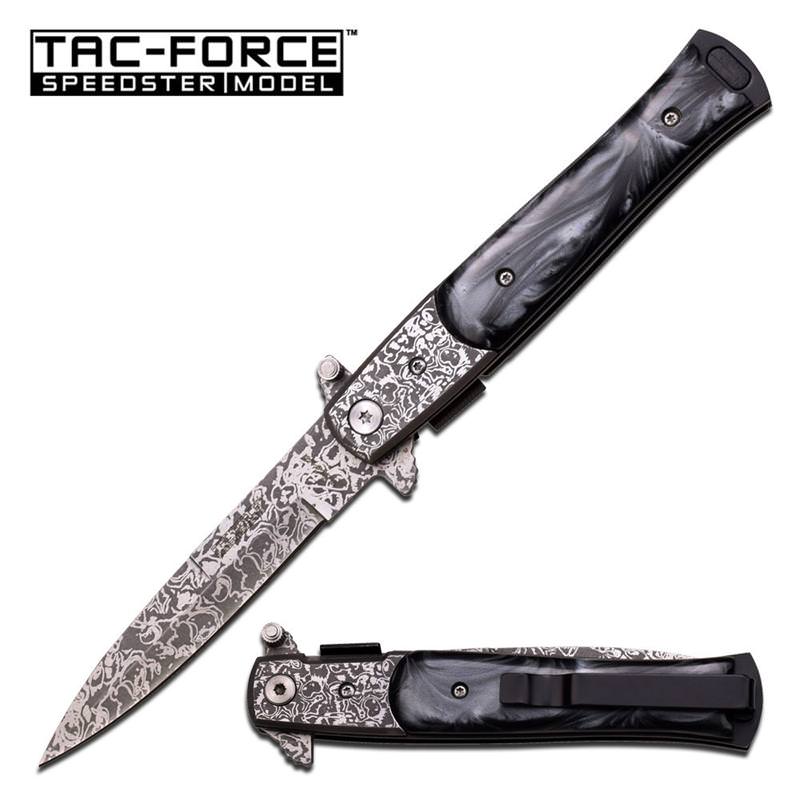 Stiletto Style Damascus Steel Spring Assisted Knife With Black Pearl Handle