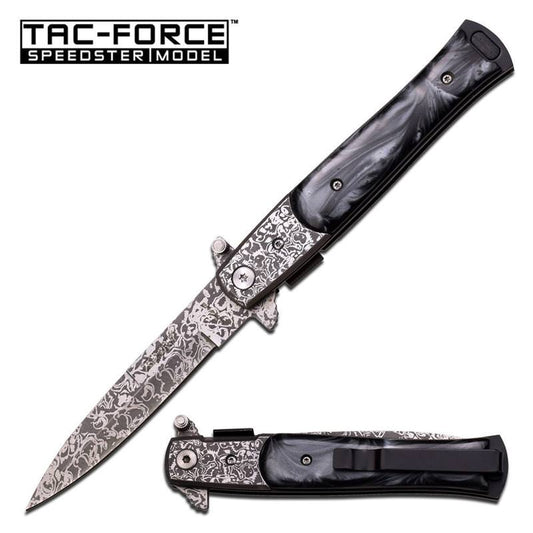 Stiletto Style Damascus Steel Spring Assisted Knife With Black Pearl Handle